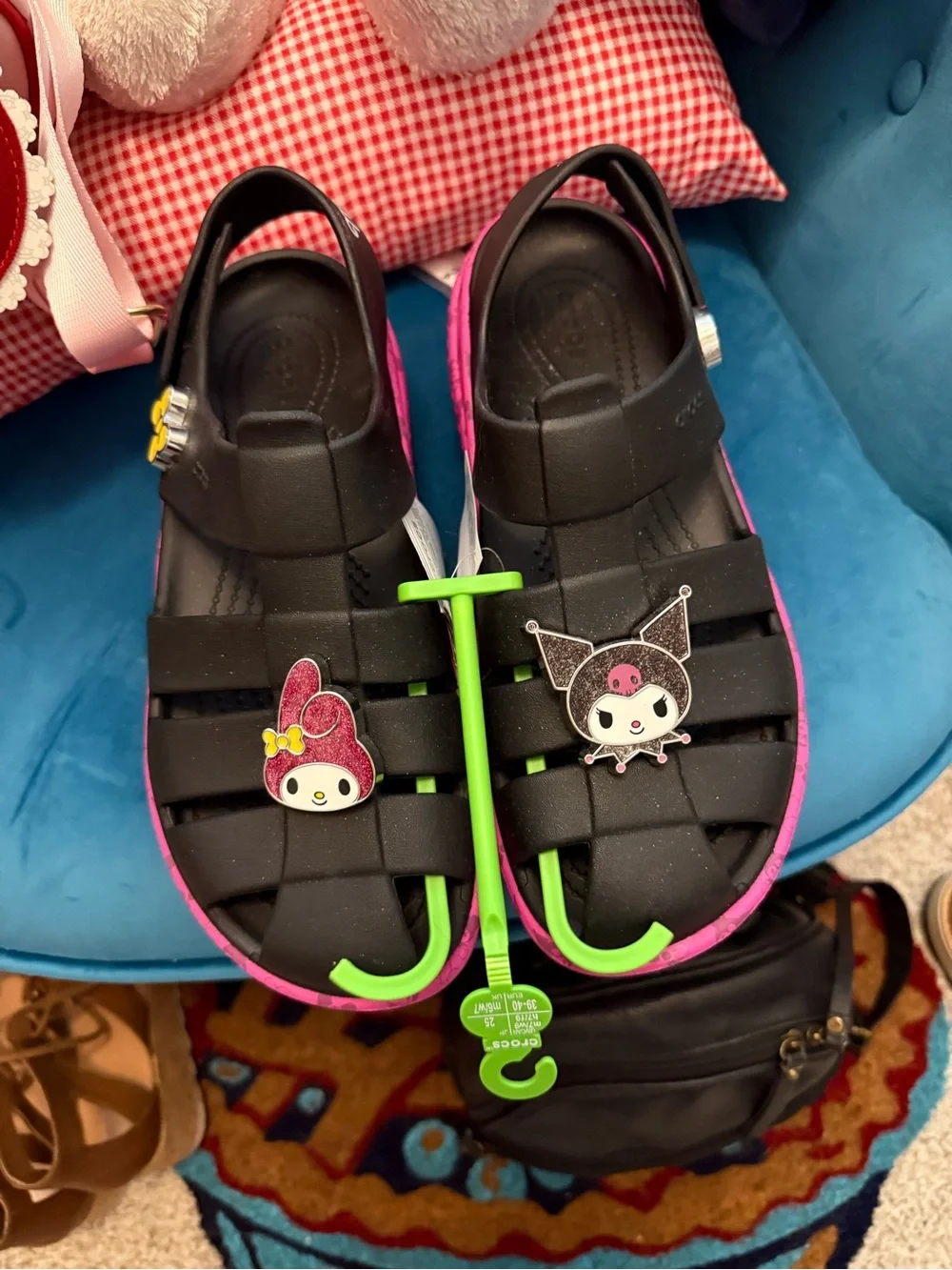 NWT CROCS Black and Pink Sandals with HELLO KITTY characters. Woman's size 9